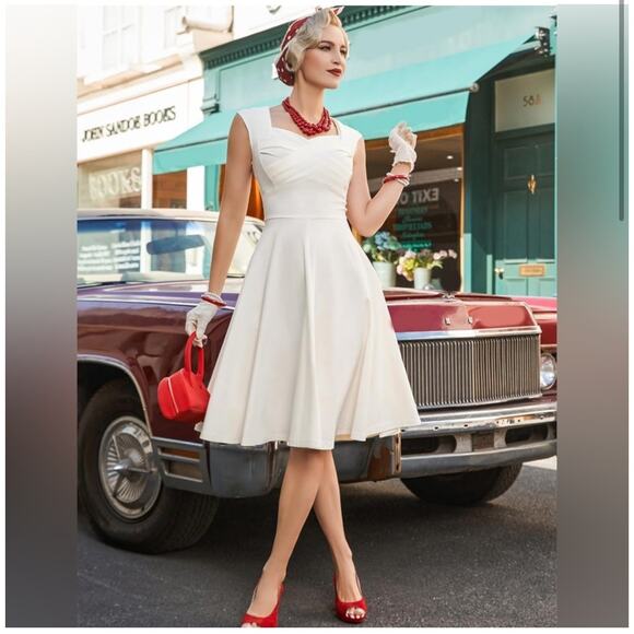 STOP STARING MADSTYLE SWING DRESS IN IVORY PIN-UP 1950's WOMEN SIZE MEDIUM - Picture 14 of 14
